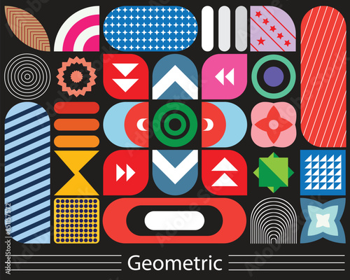 Set of abstract retro geometric vector modern shapes and grids black background