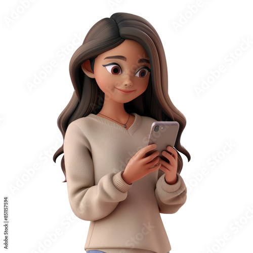 Adorable 3D woman looking at a smartphone, set against a plain white backdrop