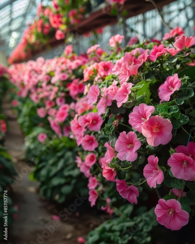 Vibrant pink flowers blooming in a greenhouse, showcasing horticultural beauty in an indoor garden setting with natural light exposure
