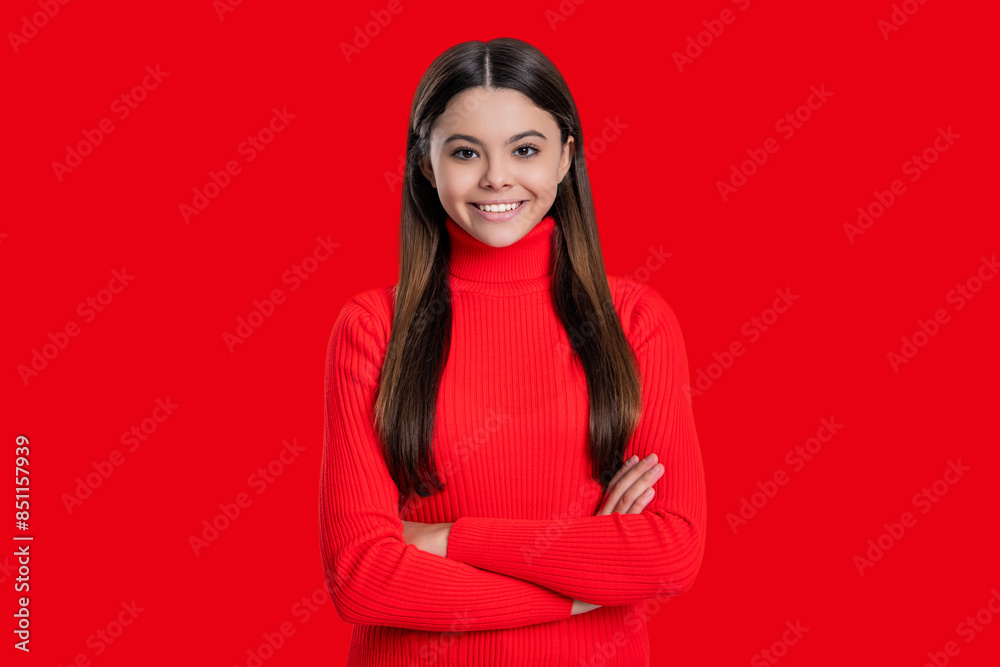 Teen girl looking at camera. Casual style. Stylish girl has long hair. Teen monochrome fashion style. Style for girl. Headshot portrait of happy teen girl isolated on red. Ethereal beauty Teen girl looking at camera. Casual style. Stylish girl has long hair. Teen monochrome fashion style. Style for girl. Headshot portrait of happy teen girl isolated on red. Ethereal beauty
