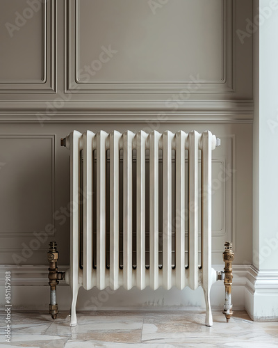 White radiator against a plain wall Represents heating, warmth, and household utility in a minimalist setting