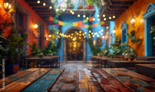 Blank wooden table top on blurred mexican or italian cafe interior mockup background, evening. empty old wooden table with interior restaurant in soft focus in the background.	
