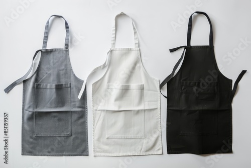 3 cook aprons: light grey, black and white, on white background, flat lay --ar 3:2 --style raw Job ID: 6abbbd53-4c96-436f-ae8d-bae3c3e9b643 photo