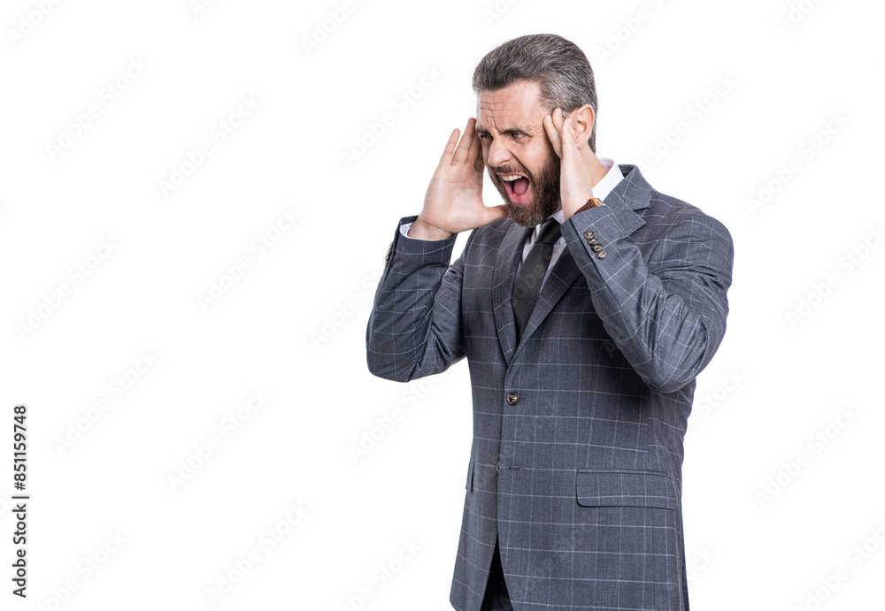 Businessman tired after computer work. Business man got migraine touches head because of pain. Tired businessman have stress. Migraine. Copy space. Business man in suit with headache