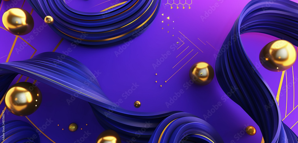 Obraz premium Minimalist 3D background with indigo lines and gold orbs twisting on a bright purple gradient with geometric patterns.