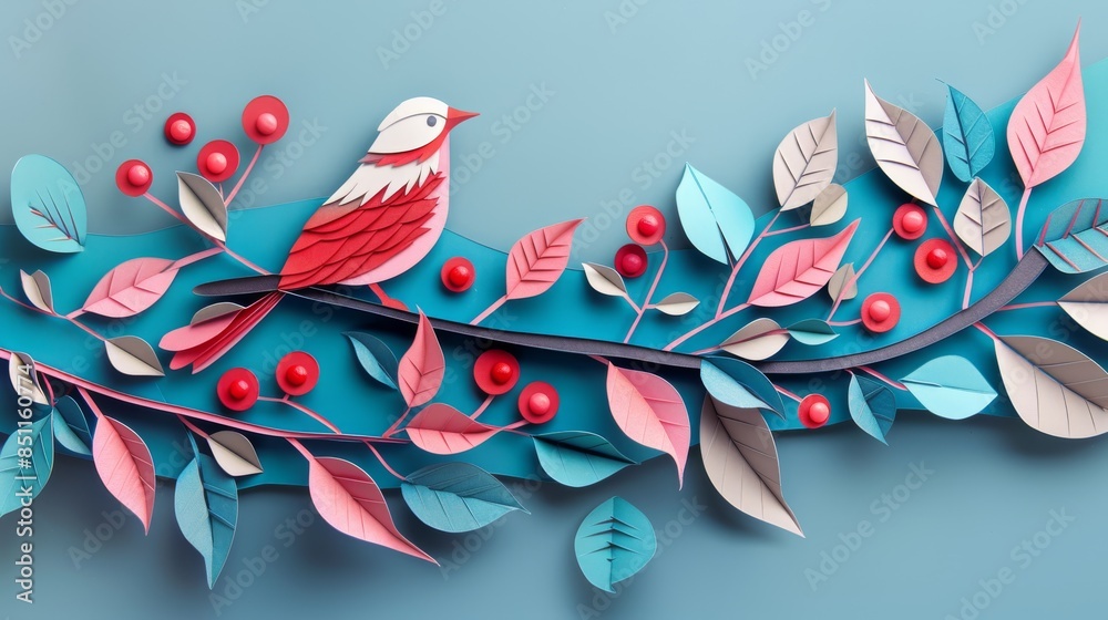 Festive paper cutout of a winter bird on a branch with berries,paper cutout style