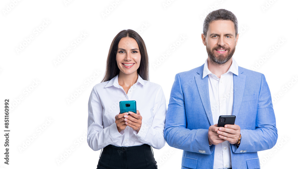 business chatting communication. online chat. business man and woman use phone. two chatting business partner chatting in blog. business colleague chatting online isolated on white. copy space business chatting communication. online chat. business man and woman use phone. two chatting business partner chatting in blog. business colleague chatting online isolated on white. copy space