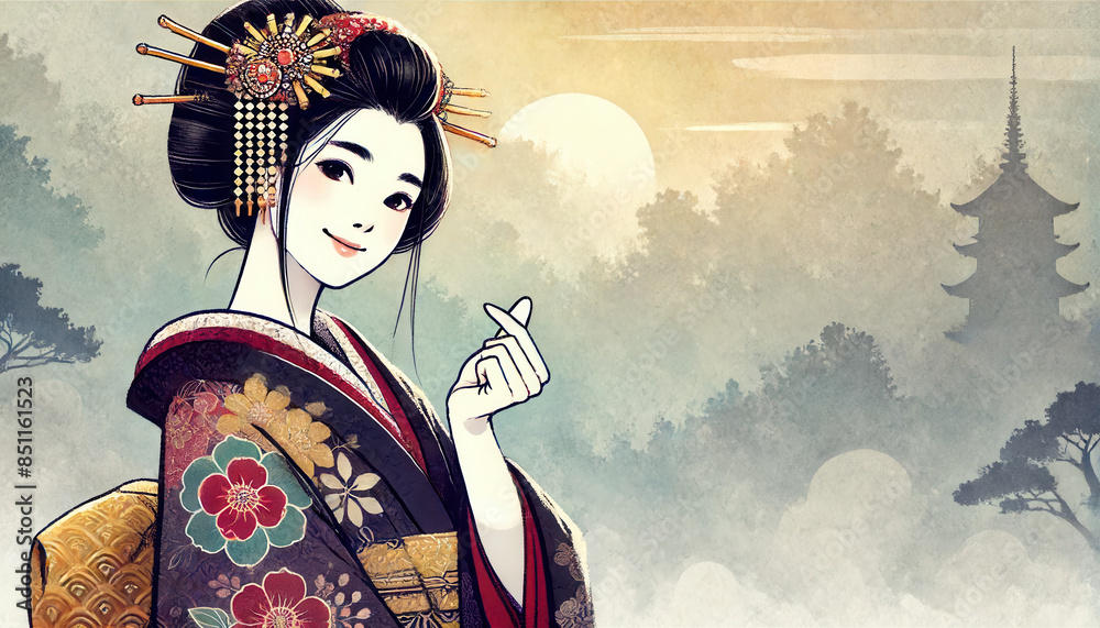 Fototapeta premium 日本画（Japanese painting）／美人画 美女 着物 anime イラスト LOVE