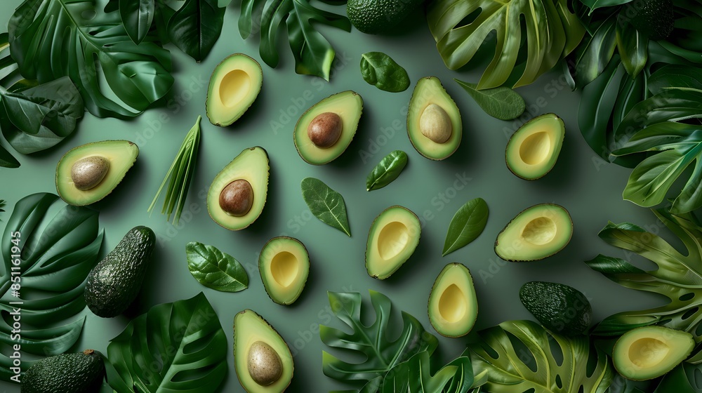 Fresh avocado pattern on a green background flat lay. Fresh avocado pattern on a green background flat lay.