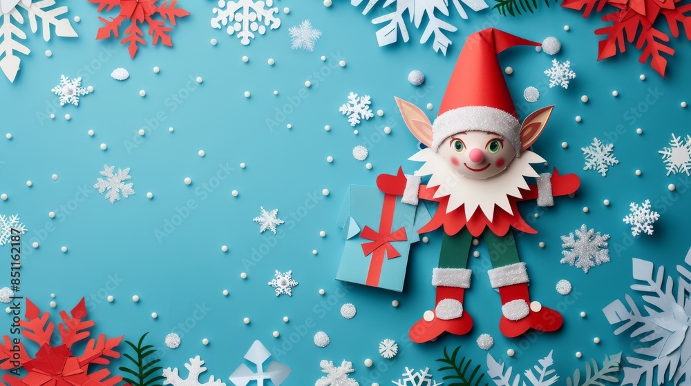 Festive paper cutout of a Christmas elf with a hat and shoes,paper cutout style Festive paper cutout of a Christmas elf with a hat and shoes,paper cutout style