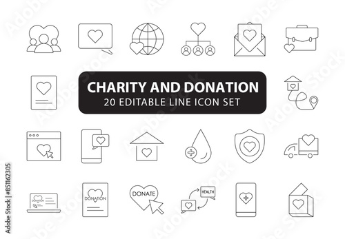 Black outline charity and donation icon set collection, line style. charity icons, donation icons, outline icons, black line icons, charity symbols, donation symbols, community icons, support icons,