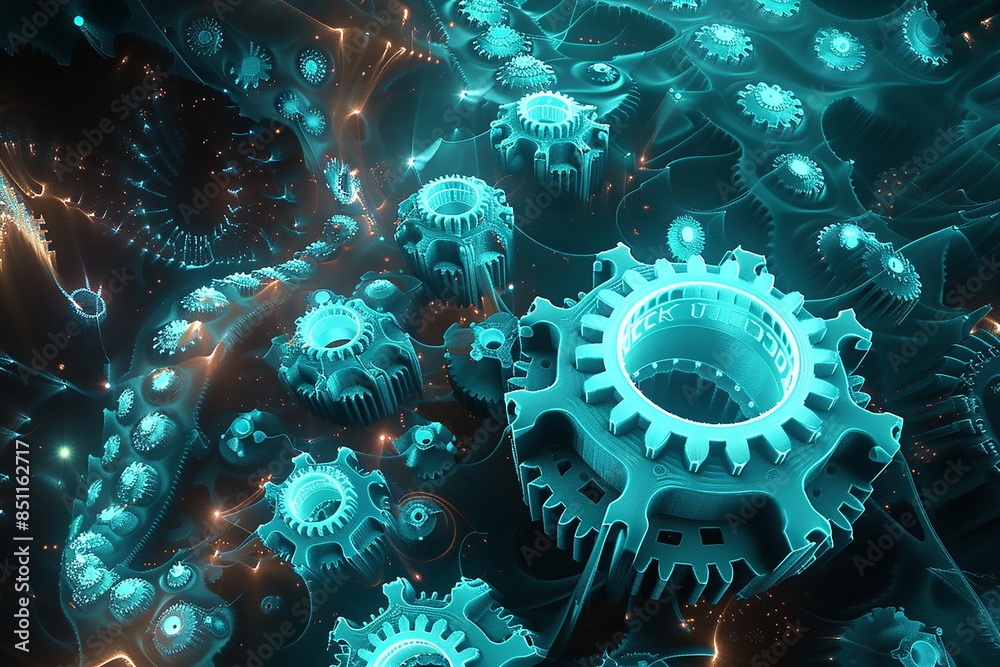 Clockwork of glowing fractals and turquoise gears spin within a maze of radiant spirals. Clockwork of glowing fractals and turquoise gears spin within a maze of radiant spirals.