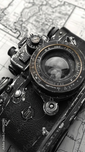 Vintage camera with intricate details, black and white, nostalgic, realistic illustration