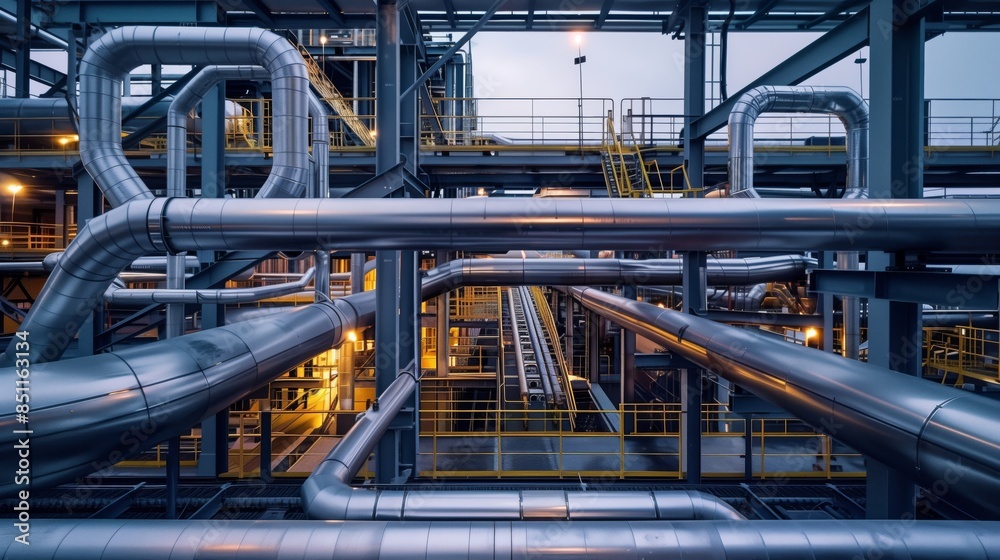 An intricate maze of pipes and conveyors sprawls outside a warehouse, creating a captivating landscape. An intricate maze of pipes and conveyors sprawls outside a warehouse, creating a captivating landscape.