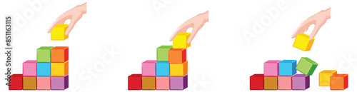Hand stacking colorful blocks in sequence