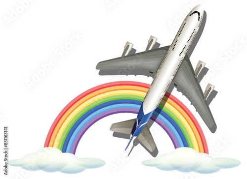 Airplane flying above rainbow and clouds