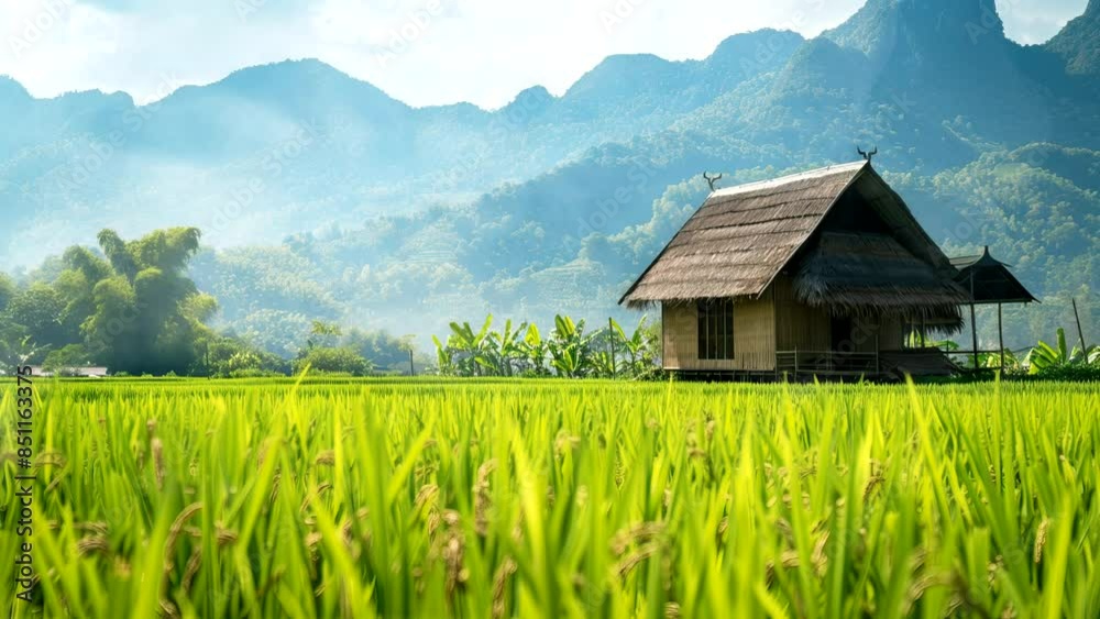 Mountain Sanctum: A Warm, Intimate Moment in a Picturesque Rice Landscape. Seamless looping time-lapse virtual 4k video animation background Mountain Sanctum: A Warm, Intimate Moment in a Picturesque Rice Landscape. Seamless looping time-lapse virtual 4k video animation background