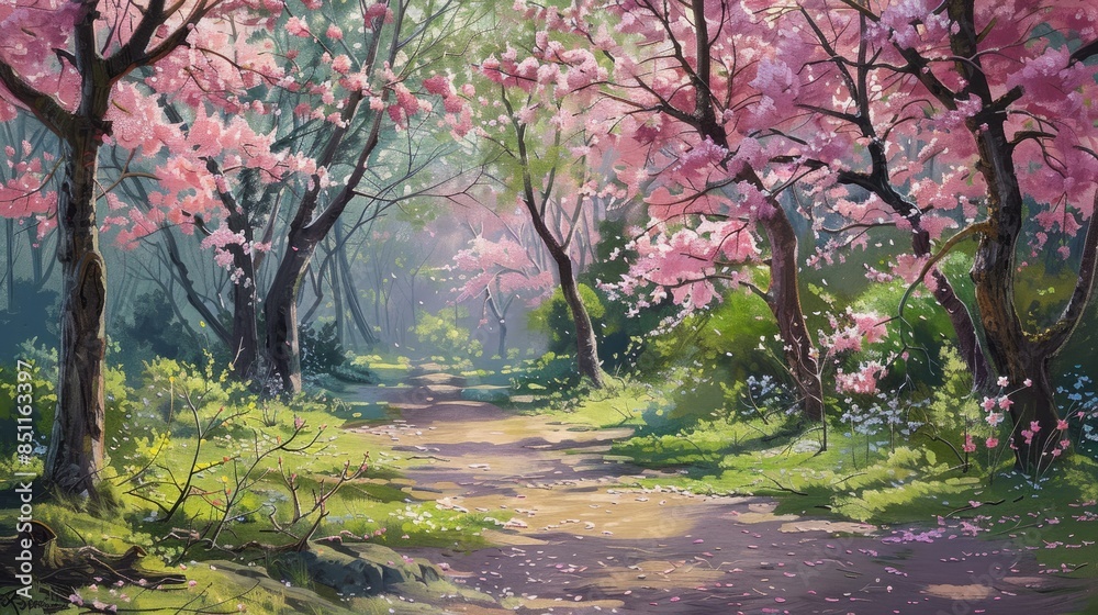 Artwork featuring cherry blossoms in a spring garden