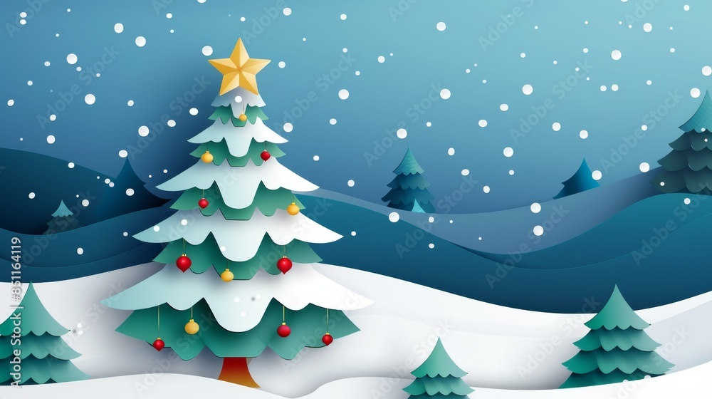 Paper cutout Christmas tree with ornaments and a star topper,paper cutout style Paper cutout Christmas tree with ornaments and a star topper,paper cutout style