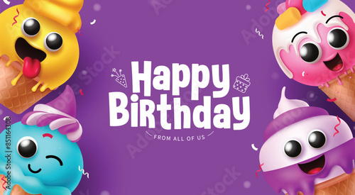 Happy birthday greeting vector template design. Birthday greeting text with cute smiling cone ice cream characters elements for kids invitation card in purple background. Vector illustration birthday 