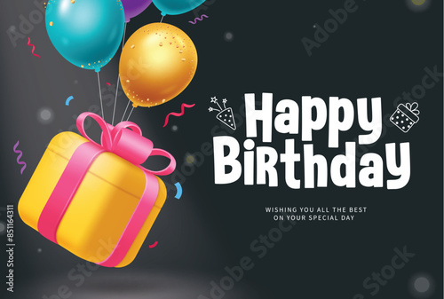 Happy birthday greeting vector template design. Birthday greeting text with yellow gift box and balloons floating surprise elements decoration for elegant invitation card background. Vector 