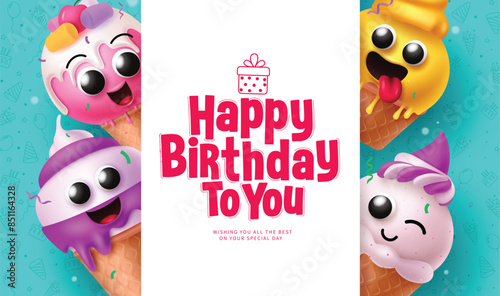 Happy birthday greeting vector template design. Birthday greeting text in white board space with cute ice cream characters decoration elements for kids party celebration card template. Vector 