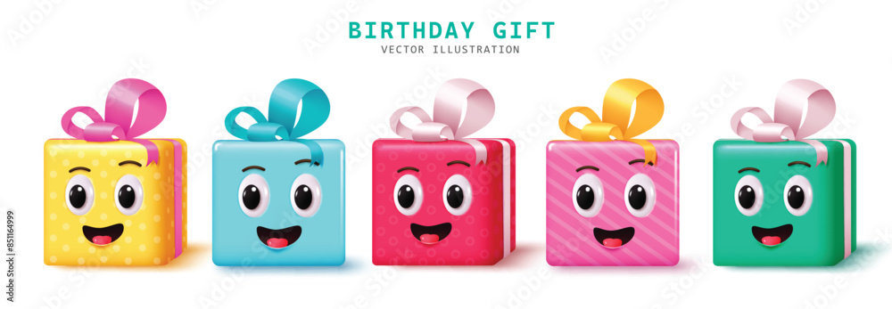 Fototapeta premium Birthday gifts characters vector set design. Birthday gift box character elements with smiling face graphic collection isolated in white background. Vector illustration birthday gifts elements. 