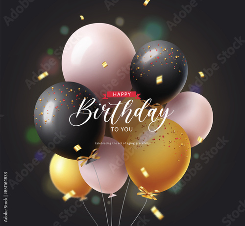 Birthday balloons bunch vector design. Happy birthday greeting text with bunch of black, gold, white and confetti decoration elements for elegant invitation card concept. Vector illustration birthday 