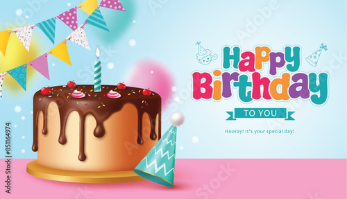 Happy birthday greeting vector design. Birthday greeting text with chocolate cake, party hat and pennants decoration elements for invitation card background. Vector illustration birthday card design. 