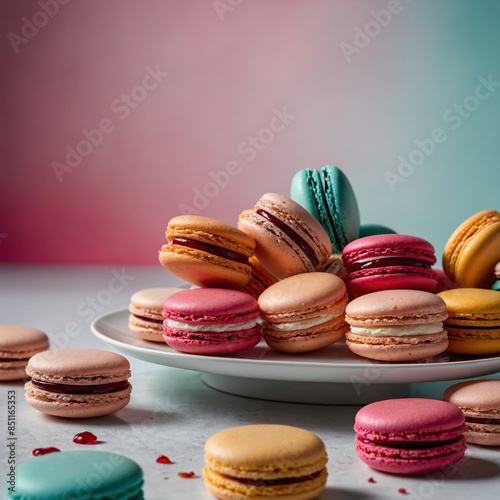"A stylish arrangement of cherry macarons on a modern white plate with a colorful background." © Muhammad