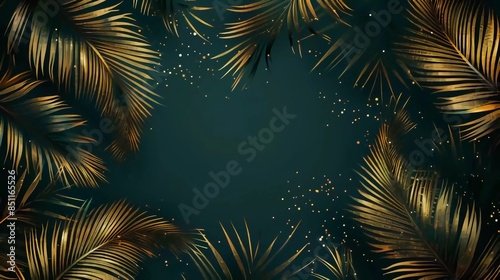  Dark green luxury design with golden palm branches. Tropical background, postcard, cover design which is very beautiful and amazing