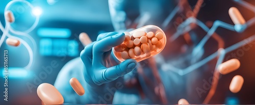 AI-Infused Medicine Pill Concept for Next-Gen Healthcare: A Symbol of Artificial Intelligence Integration in Developing Future Healthcare and Advanced Treatments photo