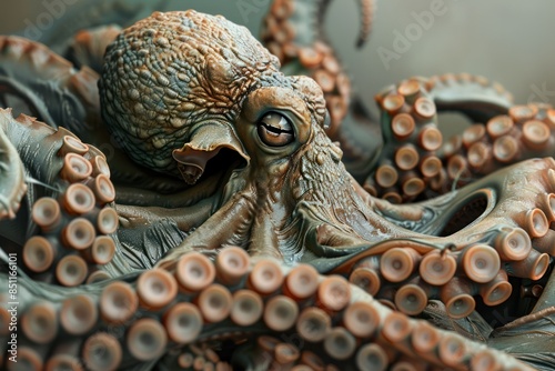 Close-up of a beautifully detailed octopus with textured skin and tentacles, showcasing intricate patterns and stunning underwater artistry. photo