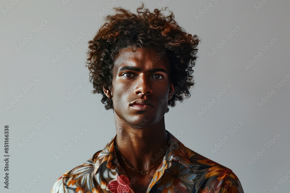 Obraz premium Stylish young man with curly hair, wearing a vibrant floral shirt, looking confidently into the camera against a gray background.