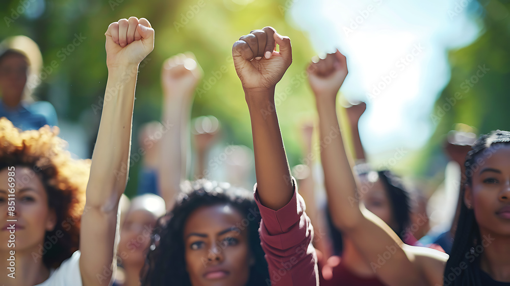 Black and white people holding hands raised up.