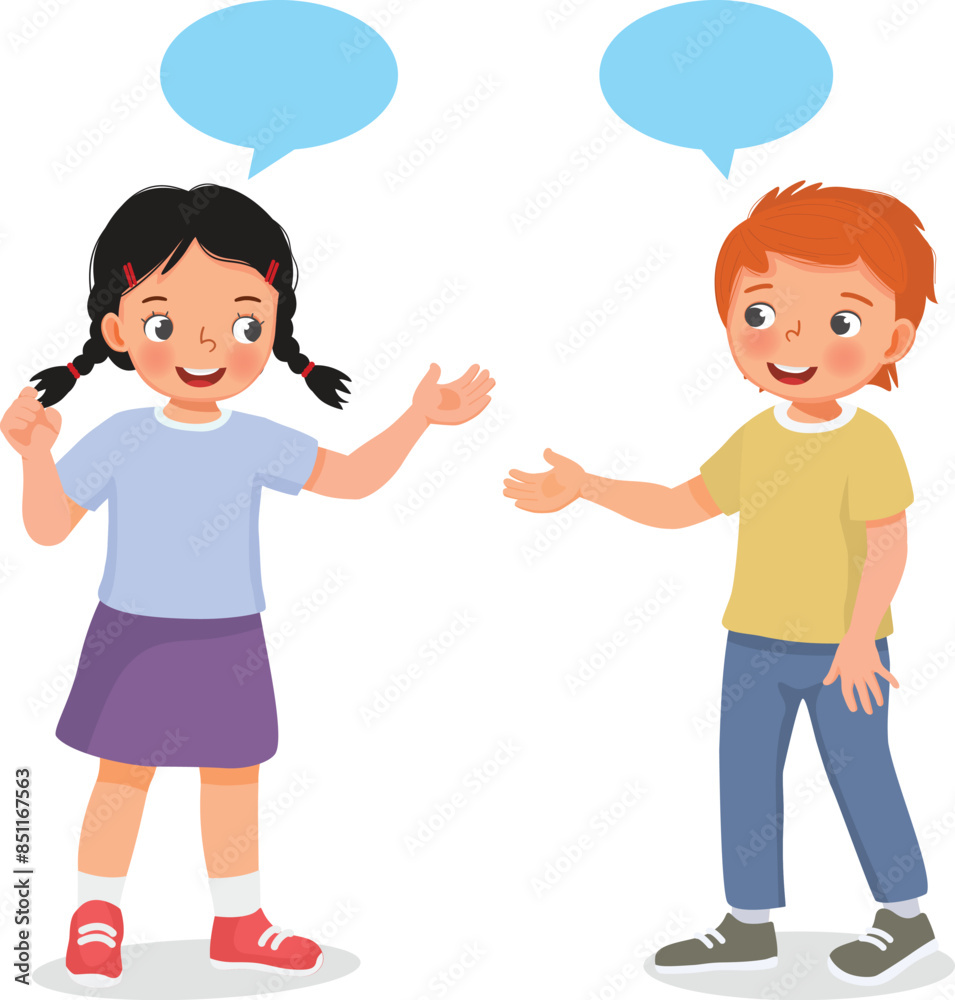 Cute little kids boy and girl talking to each others with speech bubbles Cute little kids boy and girl talking to each others with speech bubbles