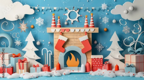 Detailed paper cutout of a cozy fireplace with stockings and presents,paper cutout style