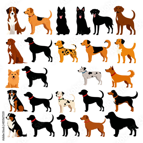 A Collection of 16 Stylized Dog Breeds in a Row, Each with a Unique Color and Expression