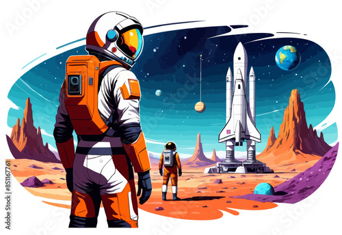 Exploring the Martian Frontier: A Space Exploration Illustration Featuring a Spacesuit-Clad Astronaut, a Rocket Launchpad, and a Martian Landscape with Rock Formations and a Blue Ball