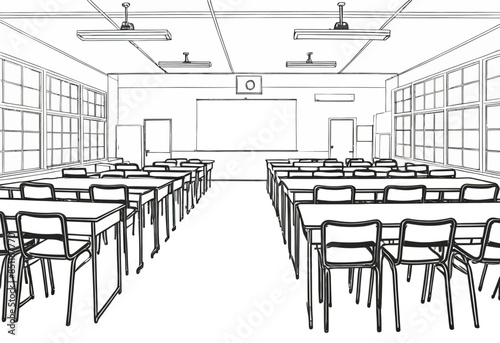 Empty Classroom with Rows of Desks and Chairs