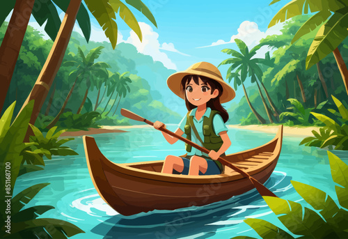 Adventurous Girl in a Canoe on a Tropical River