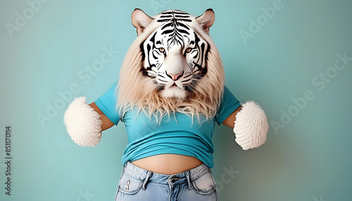 frau, tiger, in, jeans, t-shirt, Boxerin, boxer, boxen, boxend, Handschuhe, neu, close up, reklame, tier, weiß, pastell, blau, hell, lustig, surreal, angriff, sportlich, Muskeln, training, fitness,  photo