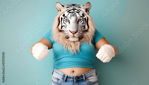 frau, tiger, in, jeans, t-shirt, Boxerin, boxer, boxen, boxend, Handschuhe, neu, close up, reklame, tier, weiß, pastell, blau, hell, lustig, surreal, angriff, sportlich, Muskeln, training, fitness,  photo