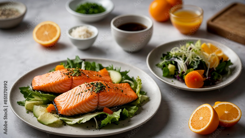 healthy food that features salmon to add freshness and appeal bright orange color of the salmon healthy food that features salmon to add freshness and appeal bright orange color of the salmon