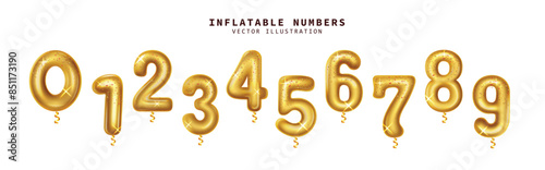 Birthday number inflatable vector set design. Inflatable balloons in gold, shiny and glossy floating numbers isolated in white    
