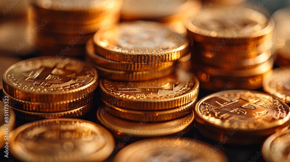 Golden coins stacked neatly, representing wealth and financial success. Golden coins stacked neatly, representing wealth and financial success.