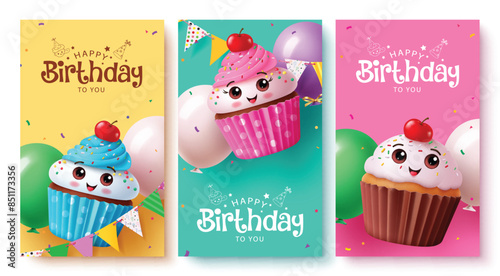 Happy birthday greeting card vector poster set design. Birthday invitation card with cute cup cake character elements for kids party greeting poster collection design. Vector illustration birthday 