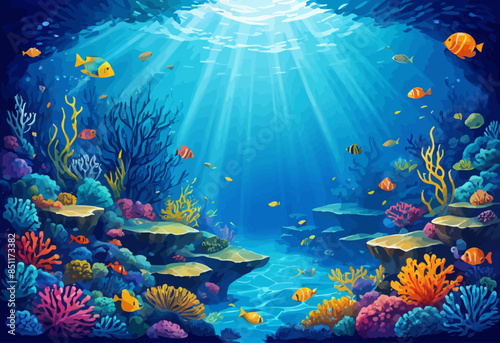 Underwater Coral Reef with Colorful Fish and Sunlight Rays