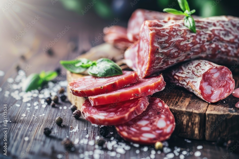 Delicious italian salami on the table, selective focus and toned image - generative ai Delicious italian salami on the table, selective focus and toned image - generative ai