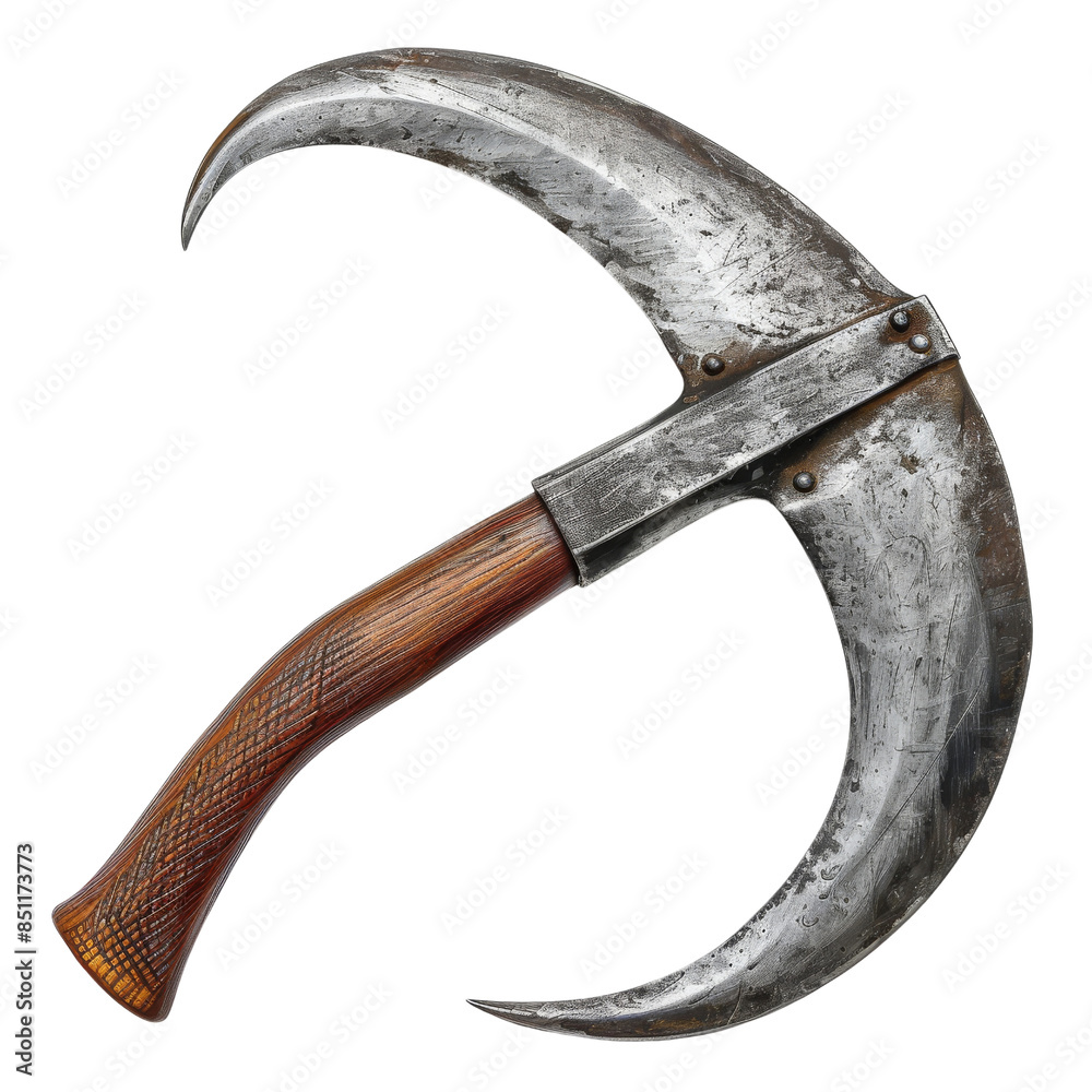 Antique sickle with a wooden handle and rusted metal blade. Iconic agricultural tool used in traditional farming and harvesting. Antique sickle with a wooden handle and rusted metal blade. Iconic agricultural tool used in traditional farming and harvesting.